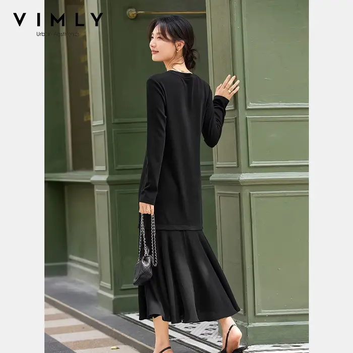 Robe longue VIMLY pour femme, collection automne 2026, décontractée, noire, à empiècements, coupe trapèze, élégante, à manches longues, pour occasions spéciales et vie quotidienne
