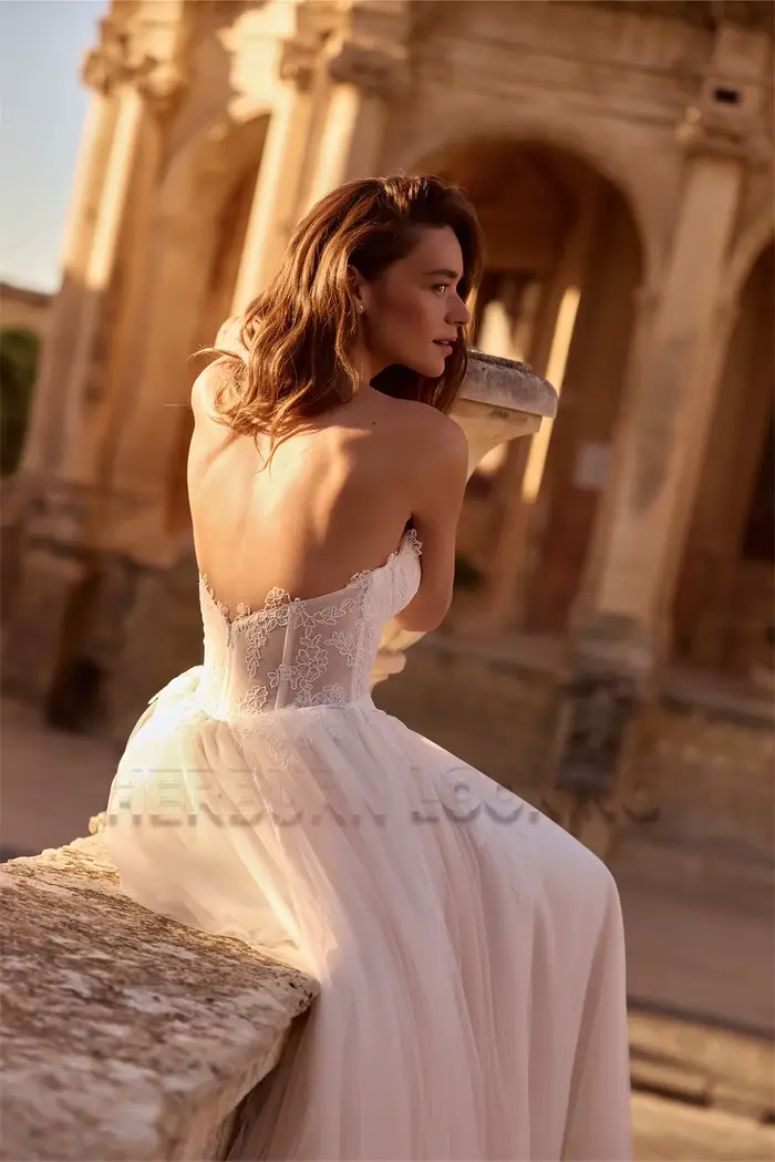 Robe de mariée élégante HERBURN coupe trapèze pour femme, avec corset en dentelle, dos plissé, ferme