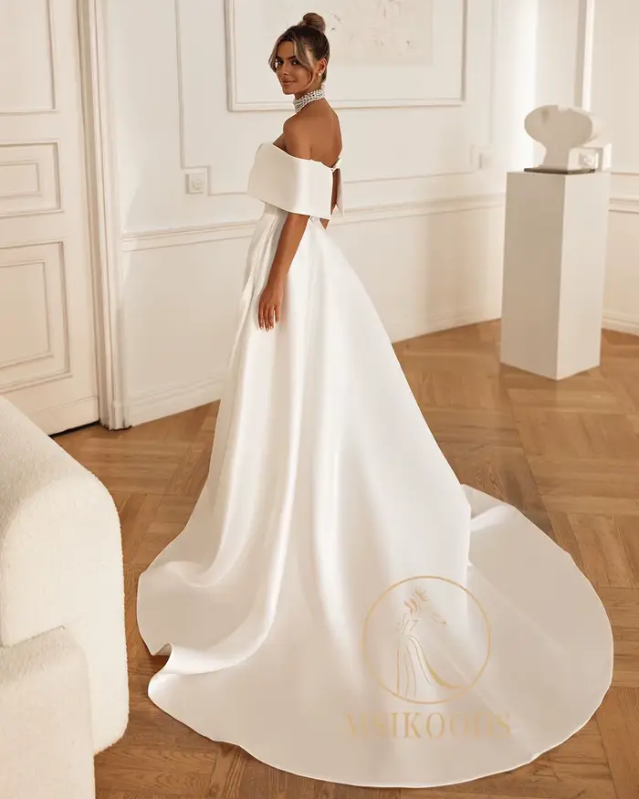 Robe de mariée moderne en satin Msikoods 2026 épaules dénudées sexy fente haute simple et élégante pour femmes occasions spéciales