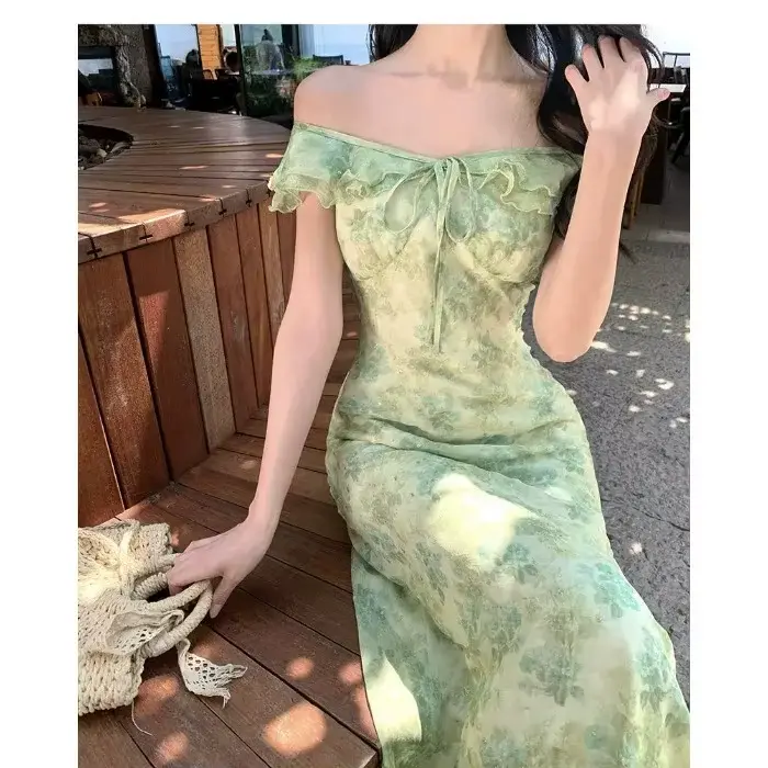 Robe de plage à imprimé floral vert avec manches bouffantes, jupe longue trapèze, taille élastique, 