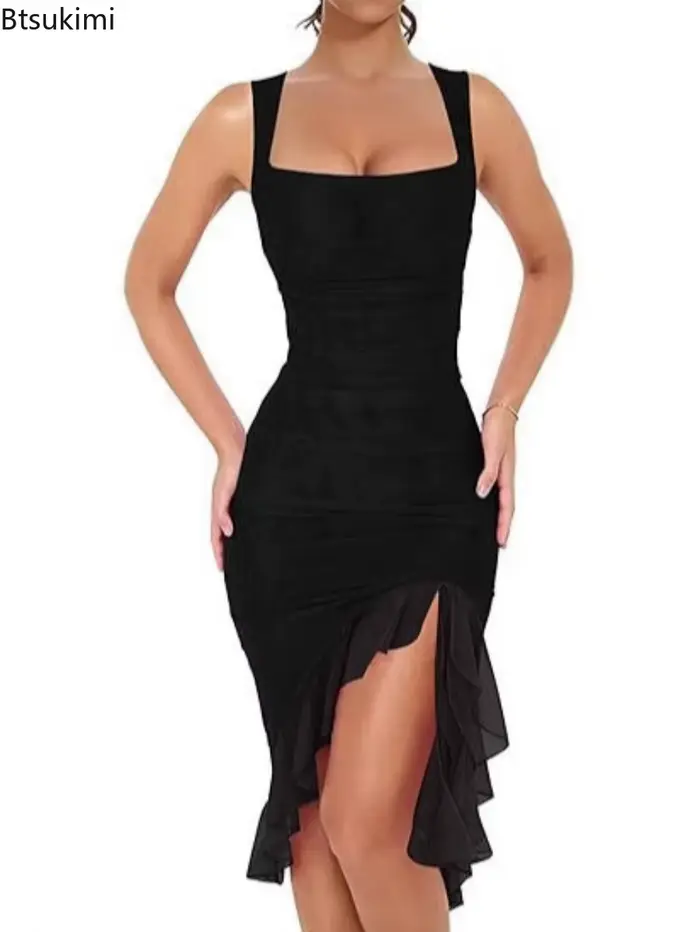 Robe d'été sexy à volants pour femmes col en U sans manches high street occasion mariage club soirée nouvelle collection polyestère ajustement parfait