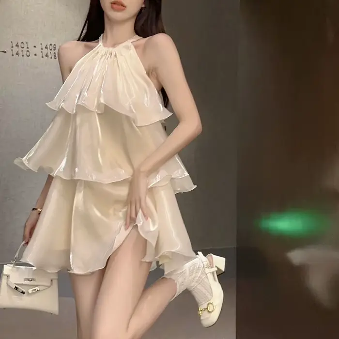 Femme robe élégante douce sans manches volants maille ample été nouveau gâteau Mini robes solide Sex