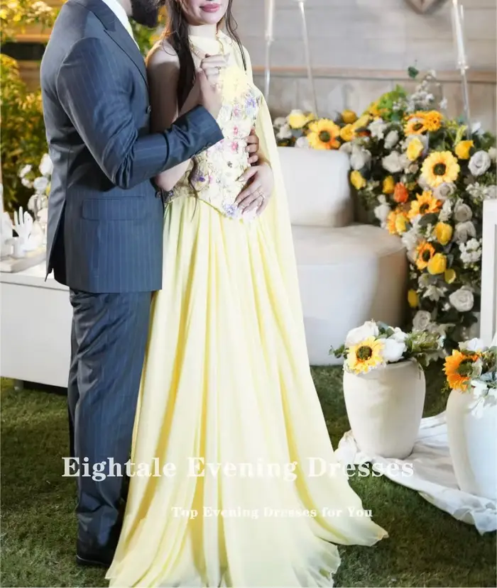 Robe de soirée arabe Eightale en mousseline de soie jaune avec fleurs 3D