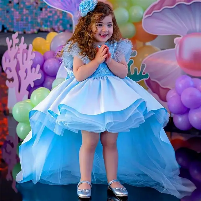 Belle robe bleue à fleurs pour filles, perles perlées, haut de charbon avec jupe bouffante, robes de