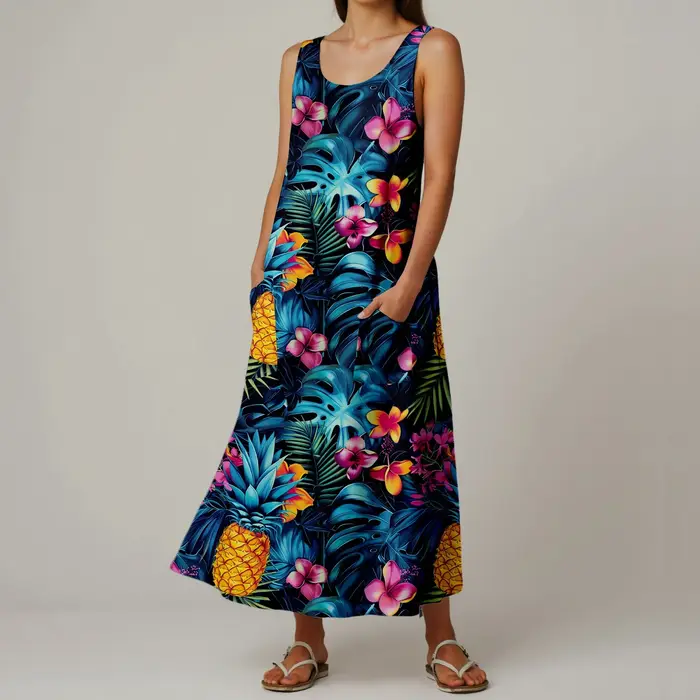 Robe d'été bohème pour femmes, mode feuilles florales, vacances, longue robe décontractée, sans manc
