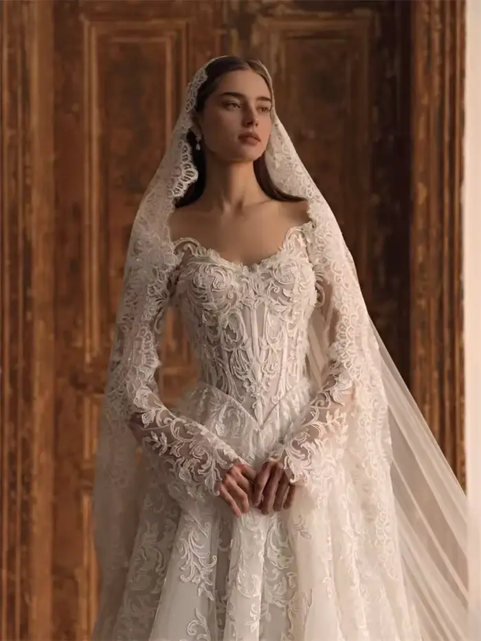 Robe de mariée en dentelle à manches longues, style corset, élégante, pour femme, pour cérémonie rel