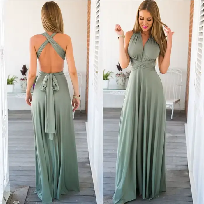 Robe formelle femmes élégante soirée longue profonde V licou
