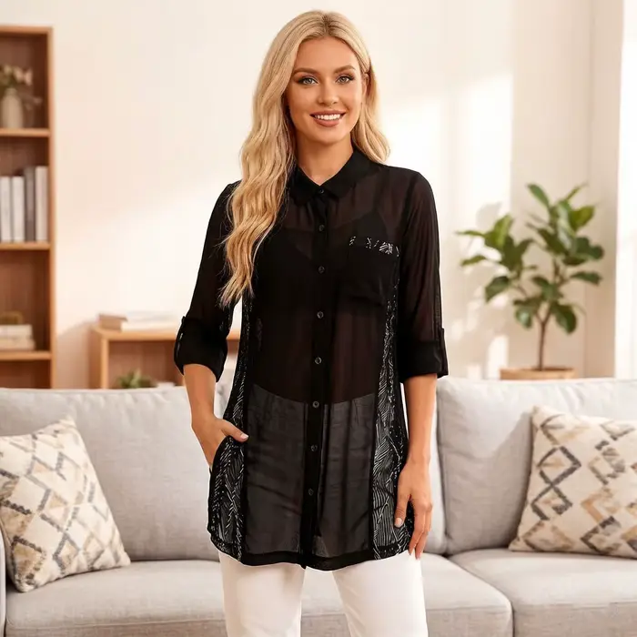Robe chemise noire pour femme avec panneau imprimé latéral, chemisier long, col à revers vintage, ourlet asymétrique, coupe décontractée ample pour femmes occassions décontractées printemps automne