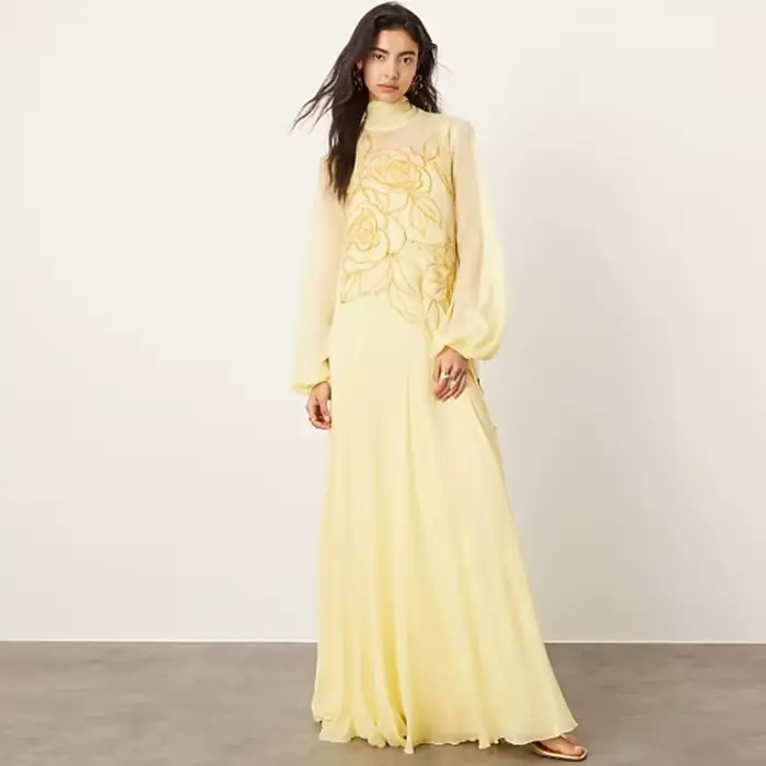 Robe de soirée en mousseline de soie jaune exquise, col haut, manches longues, robes de bal personna