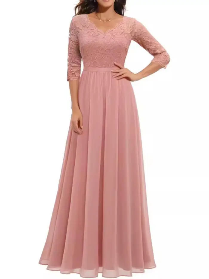 Robe ample femme élégante polyester col en V dentelle trois quarts bureau dame printemps été occasions spéciales soirée
