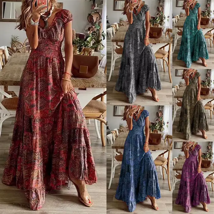 Robe longue style bohème élégante pour femmes imprimé floral occassions spéciales soirée mariage vacances