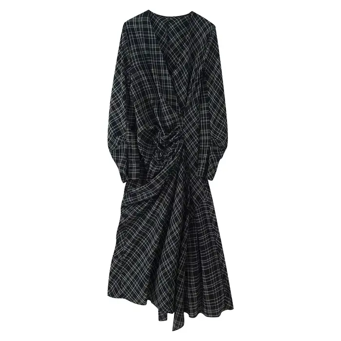HH femme élégante col en v Plaid plissé décoration manches longues robe mi-longue femme mode taille 