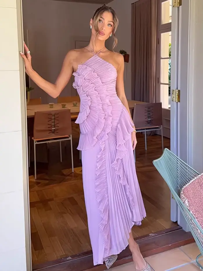 Robe de soirée Style plage avec volants sexy col licou maxi date de nuit chic et élégante dos nu pour femmes occasions spéciales