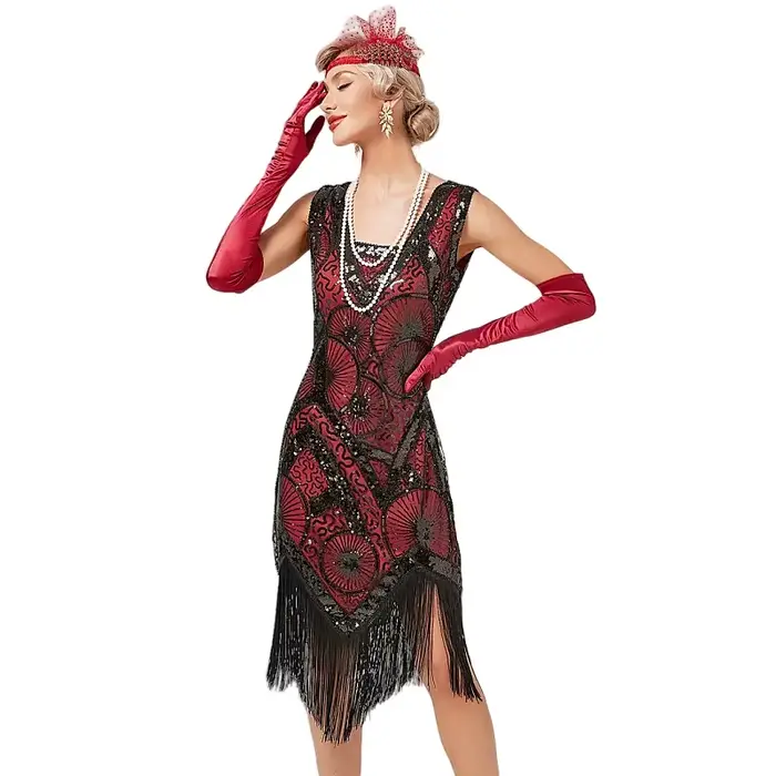 Robe de soirée Charleston style Gatsby pour femmes robe cocktail sequins franges vintage col carré sans manches mi-mollets occasions spéciales