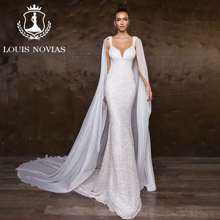 LOUIS NOVIAS robe De mariée Style sirène bretelles Spaghetti Mit Cape cristal paillettes robe De mar