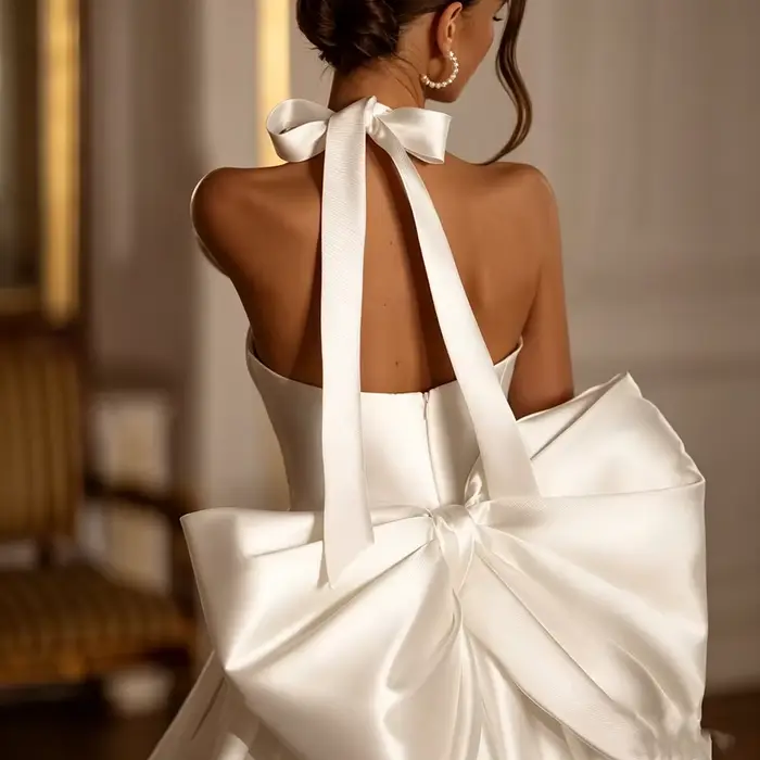 Robe de Mariée Satinée Col Licou Grand Nœud Dos Nu Train Chapelle Robe Princesse Luxe Minimaliste Taille Sur Mesure Longue Élégante Femme Cérémonie Mariage Occasion Spéciale