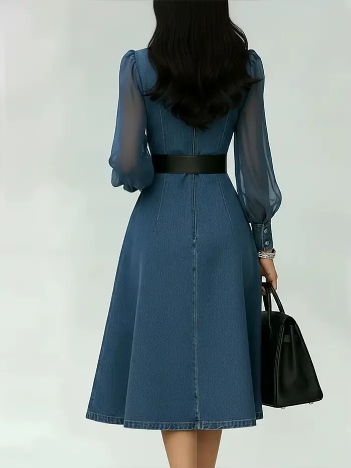 Robe trapèze en denim pour femmes style vintage avec ceinture manches longues bouffantes en mousseline de soie col en V transparent pour l'été