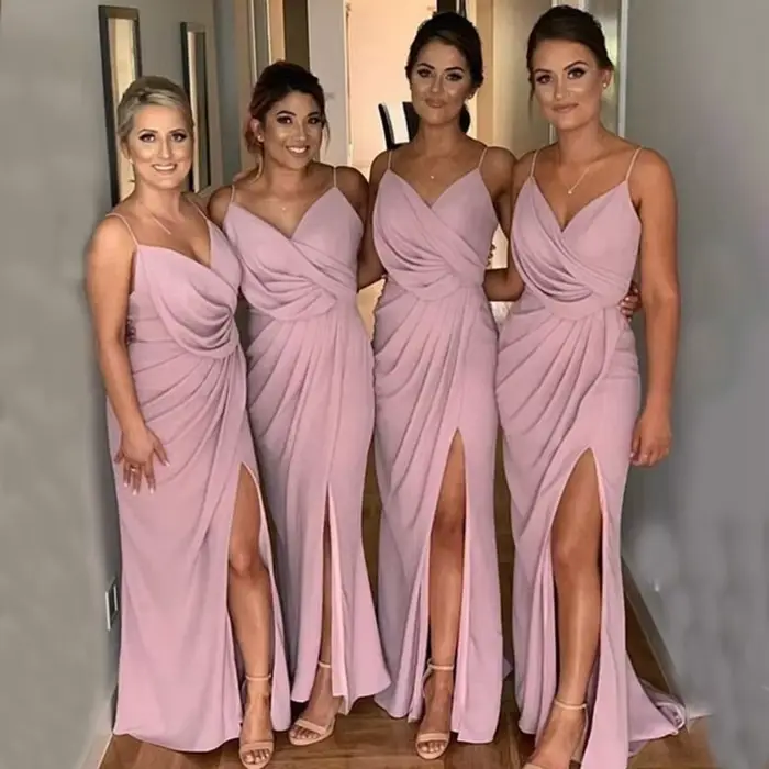Robes de Demoiselle d'Honneur en Chiffon Rose à Col en V