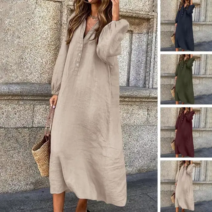 Mn-Robe à boutons en coton et lin pour femme