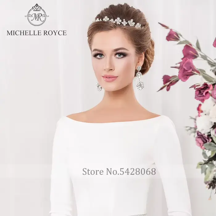 Michelle Royce robes De mariée sirène Sexy Scoop manches longues dos nu bouton perlé Court Train