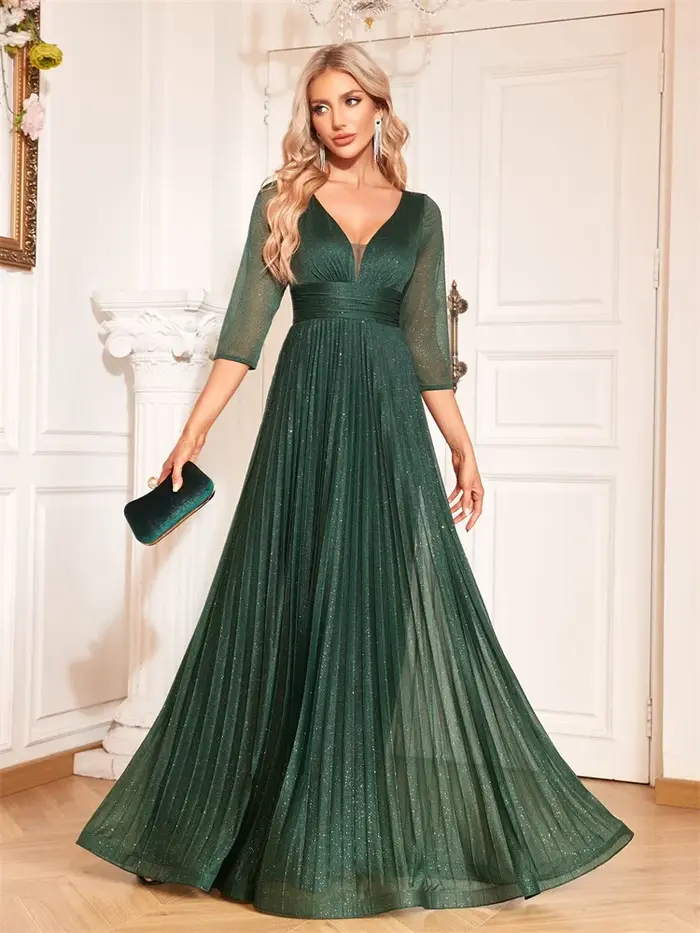 Lucyinlove luxe à manches longues robes de soirée formelles élégant col en v longueur au sol femmes en mousseline de
