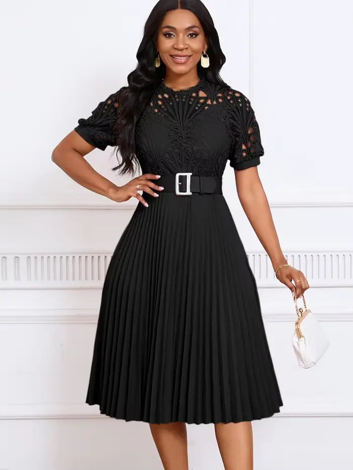 Robe Midi Plissée à Manches Courtes et Col Rond pour Femme