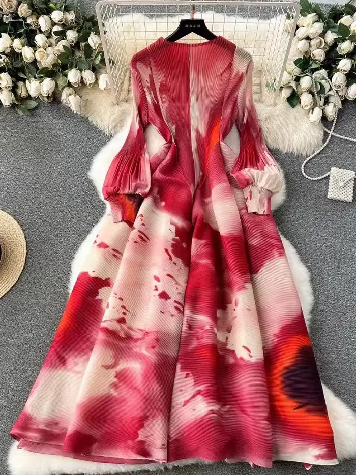 Robe Maxi Plissée à Manches sulfpour Femme
