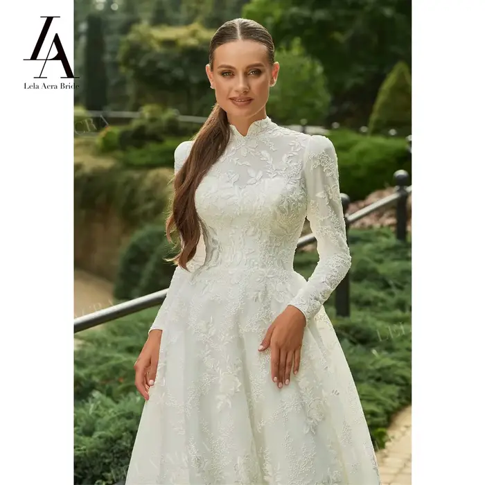 Robe de mariée musulmane 2026 à manches longues Appliques a-ligne classique princesse