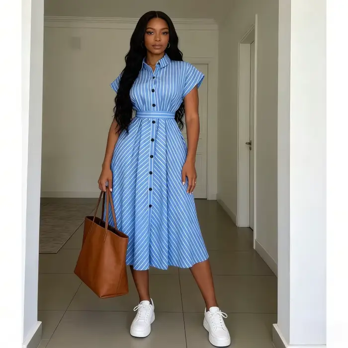 Robe longue femme coupe trapèze col rabattu manches courtes rayée élégante simple boutonnage polyester pour le travail printemps occasions spéciales