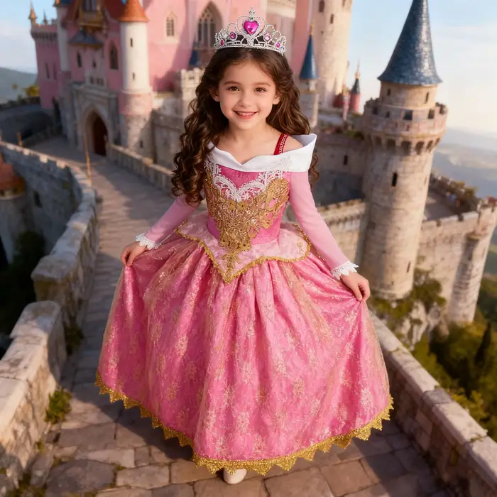 Fille Aurora robe de princesse enfants luxueux Cosplay Costume Rose