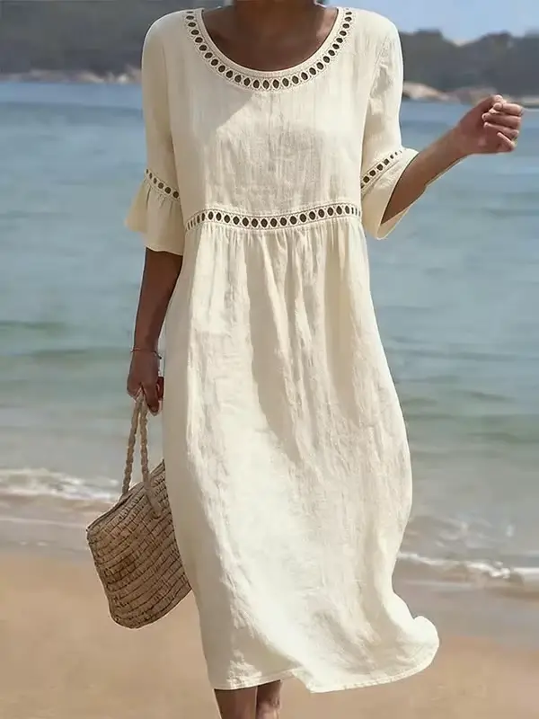 Robe en lin brodée à la française, robe midi ample à manches courtes à volants pour les vacances à la plage