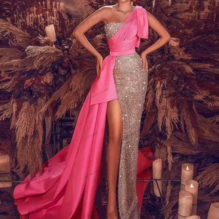 Robes de soirée vintage en satin, robe de bal avec perles et appliques, sans manches, fente haute, ف