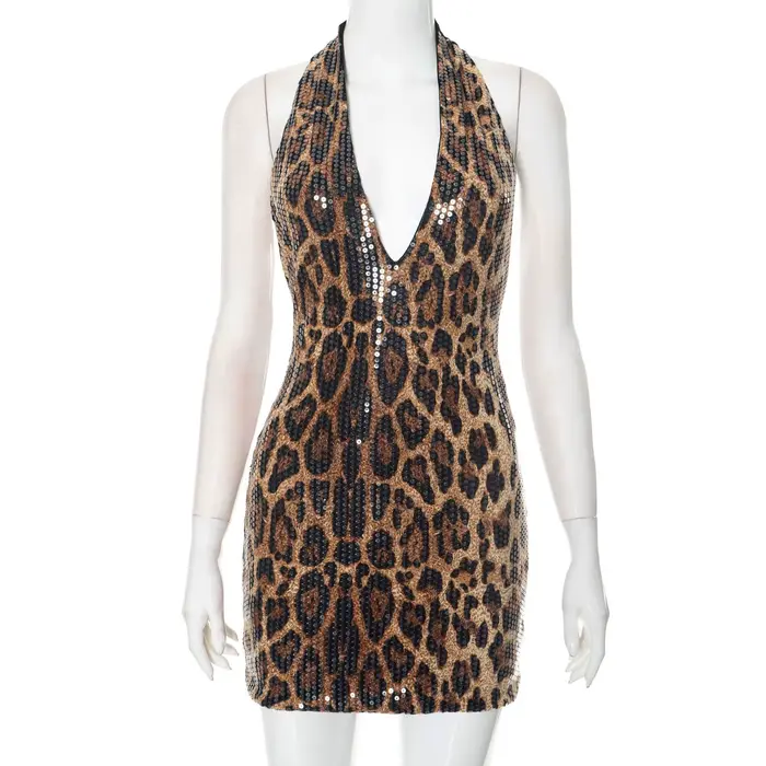 Robe Sexy robes 2025 femme robes imprimé Animal dos nu licou cou paquet hanche sans manches sauvage 