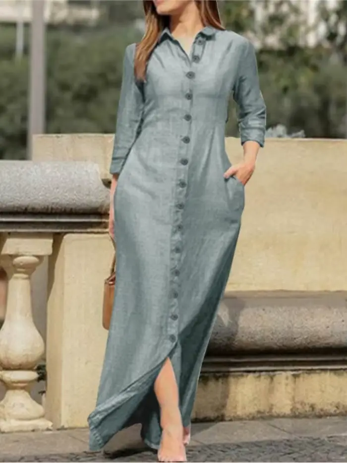 Robe longue élégante pour femmes manches longues couleur unie chemise en coton et lin décontractée boutons printemps automne occasions spéciales