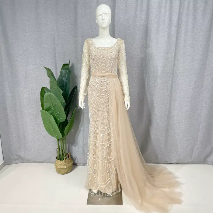 Robe Sirène Élégante à Manches sulfavec Traîne Amovible pour Femme Musulmane, Paillettes, Perles, Ba