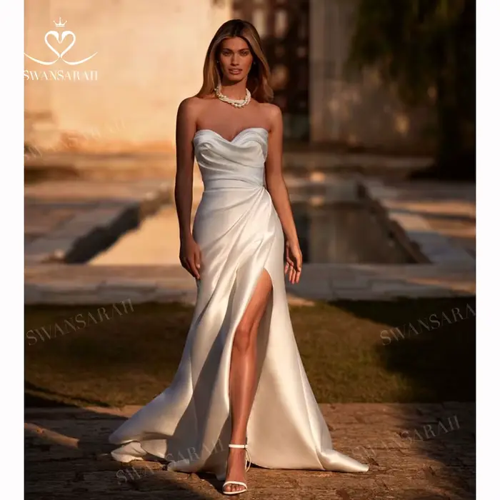 Robe De mariée Simple sans manches, style sirène, fendue en cœur, dos nu, personnalisée, SwanSarah M