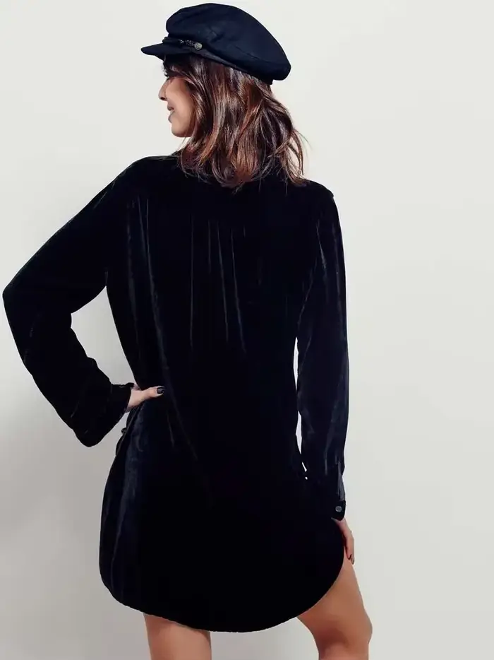 Liquidation vente robe en velours à manches longues poches col en v automne hiver