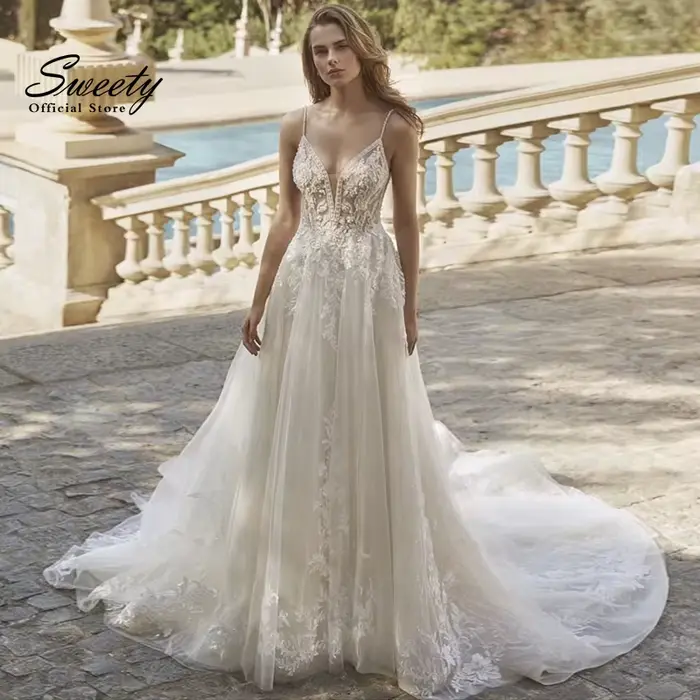 Robe de mariée en dentelle brodée sur filet, robe de RhA-Line, col en V, mariée en fibre, dos nu, pe