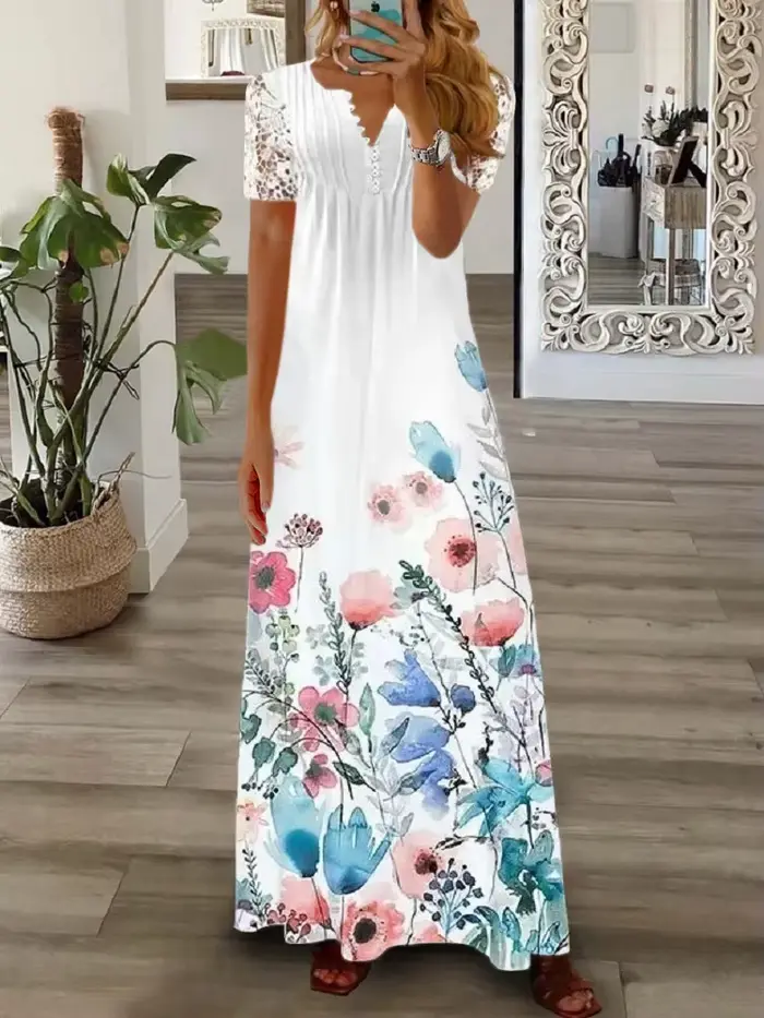 Robes Maxi florales élégantes pour femmes décontracté col en V court