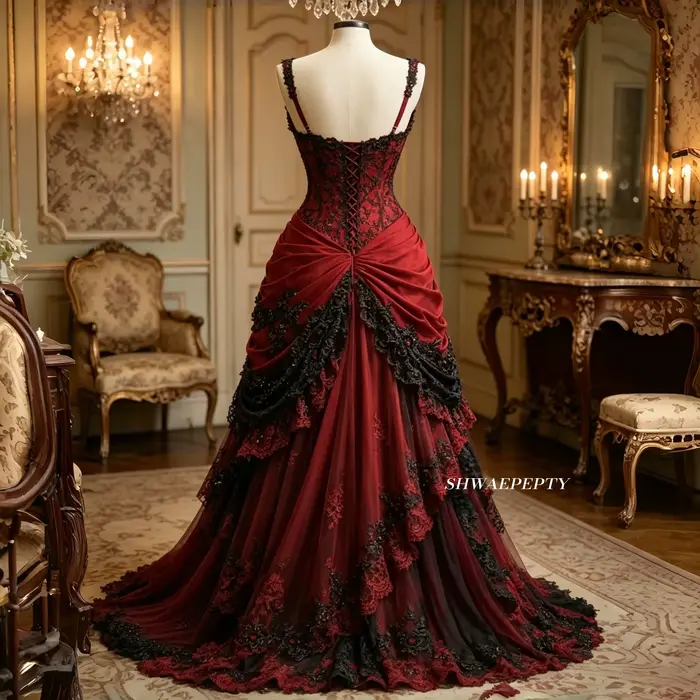 Robe de mariée gothique bordeaux et noire avec appliques en dentelle