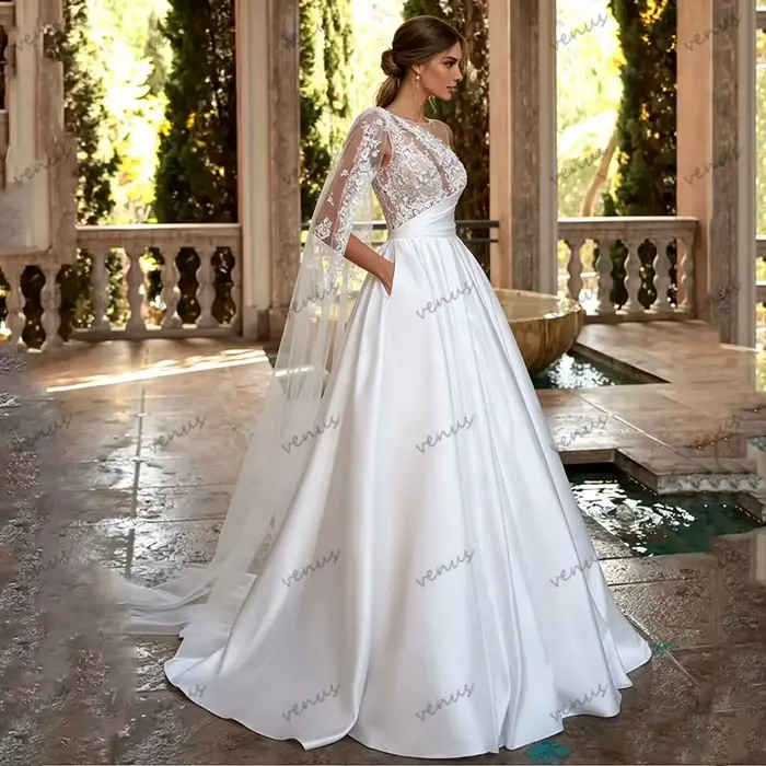 Robes de mariée classiques en satin coupe A-line, robes de mariée à volants en dentelle, charmantes robes de mariée, Vestidos De Novia personnalisées 2026