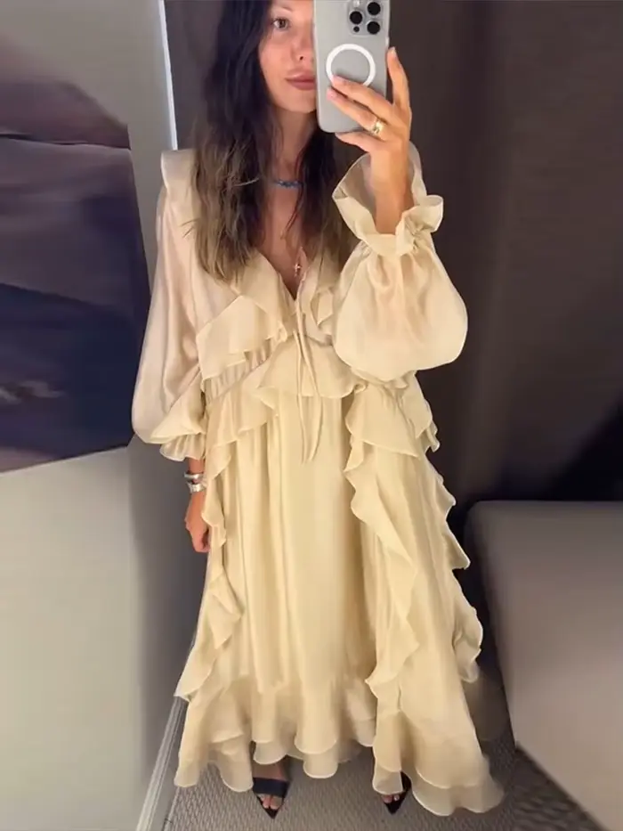 Robe Femme à Volants, Col en V Profond