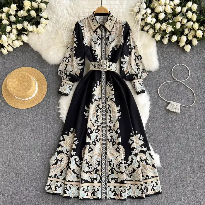 WEIN femmes bleu robe florale Vintage à manches longues printemps jupe de haute qualité formelle décontracté élégant fête anniversaire piste Vestido
