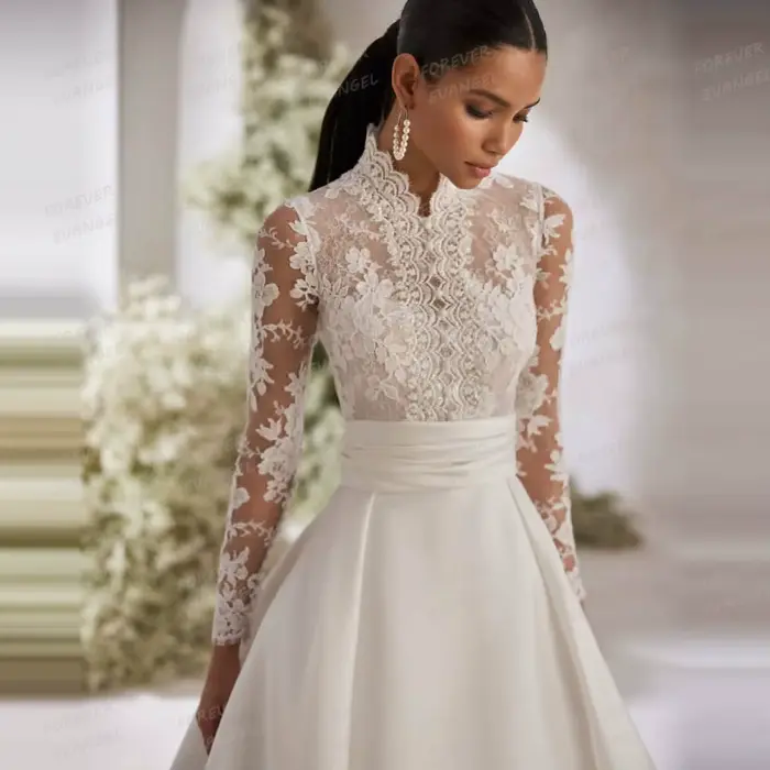 Classique Boho une ligne robes De mariée femme à manches longues Appliques Satin formelle robes De m