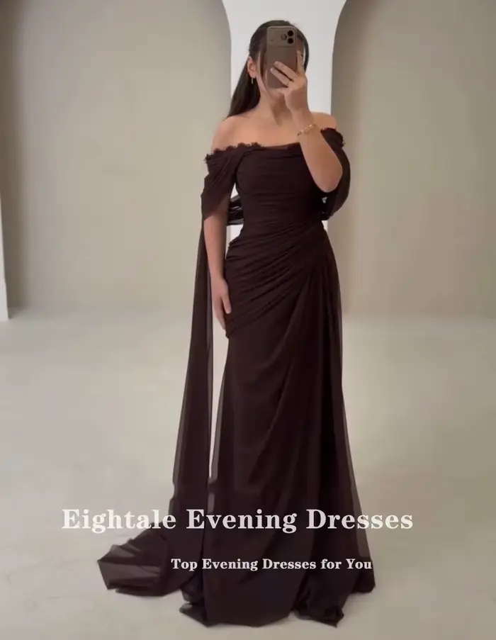 Robe de soirée arabe Eightale en mousseline de soie, plissée sur mesure, décolleté en cuillère, dentelle, silhouette sirène, train de balayage, occassionnelle soirée festive, sans manches, soutien gorge intégré