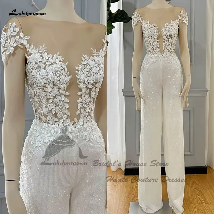 Yanshmigown-Combinaison perlée de luxe, robes de mariée de plage, dentelle, manches courtes, personn