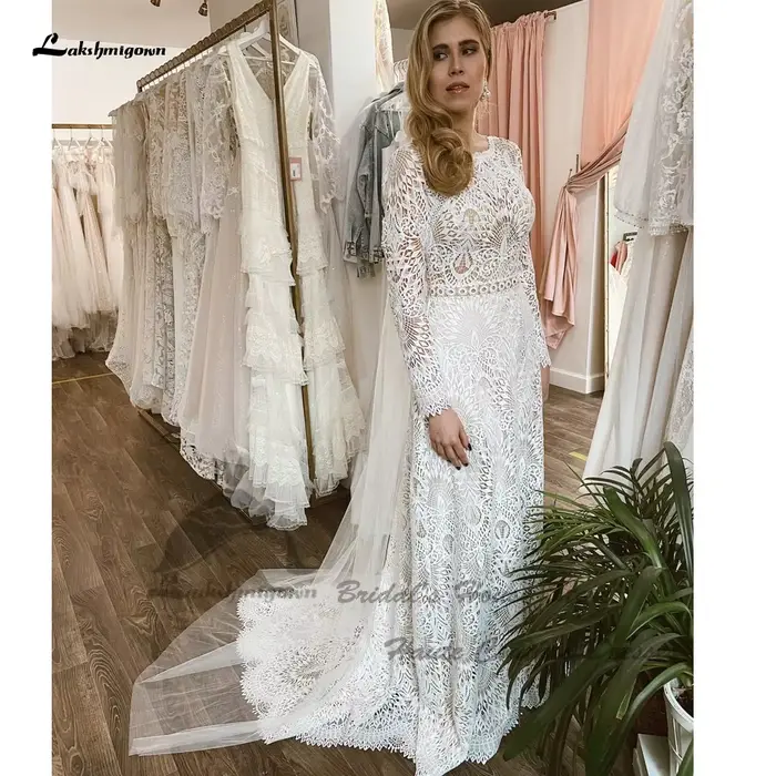 Yanshmigown-Robe de mariée sirène en dentelle bohème de luxe, manches longues, sexy, patients, mariage sur la plage, quelle que soit la robe personnalisée, 2024
