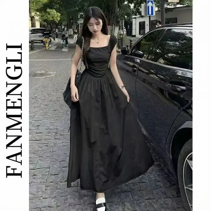 Robe longue noire ajustée de style français pour femmes