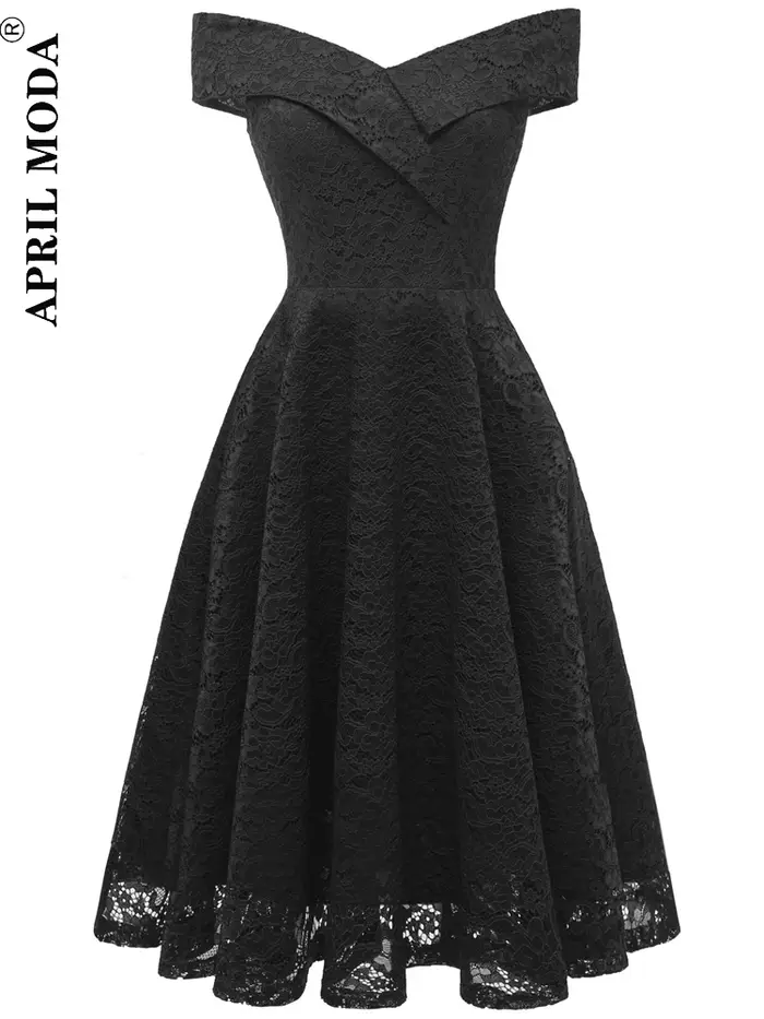 Femmes Vintage robe en dentelle formelle rouge noir vert Slash cou Tulle Midi Jurken Chic rétro gothique années 50 robes trapèze vêtements de fête