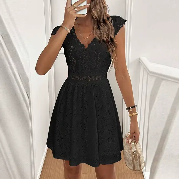 Femmes élégantes robe courte fleur imprimé col en V a-ligne à manches courtes robe de soirée femmes